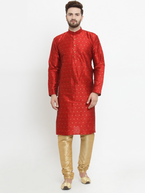 

Jompers Men Maroon & Beige Self Design Kurta with Churidar
