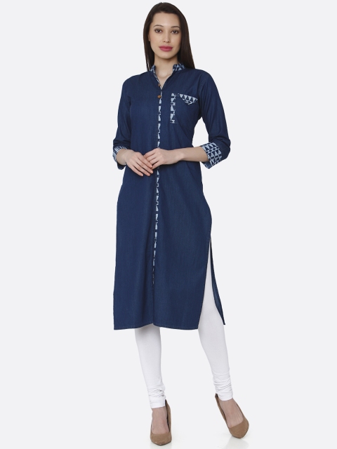 

RAISIN Women Navy Blue Solid Straight Kurta