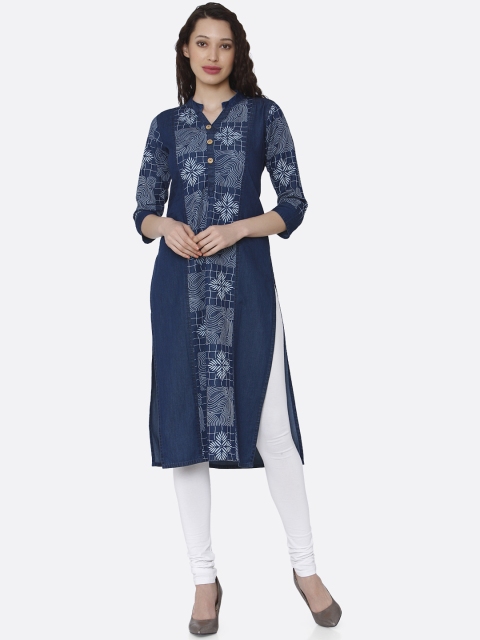 

RAISIN Women Navy Blue & White Printed Straight Kurta