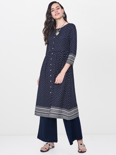 

Global Desi Women Navy Blue Printed A-Line Kurta