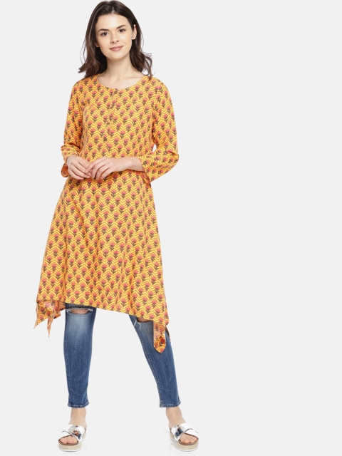 

Global Desi Women Mustard & Orange Floral Printed A-Line Kurta