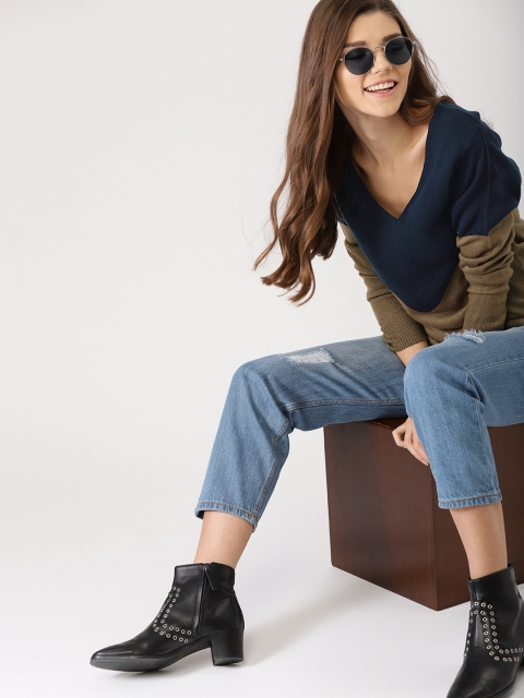 

DressBerry Women Olive Green & Navy Blue Colourblocked Pullover