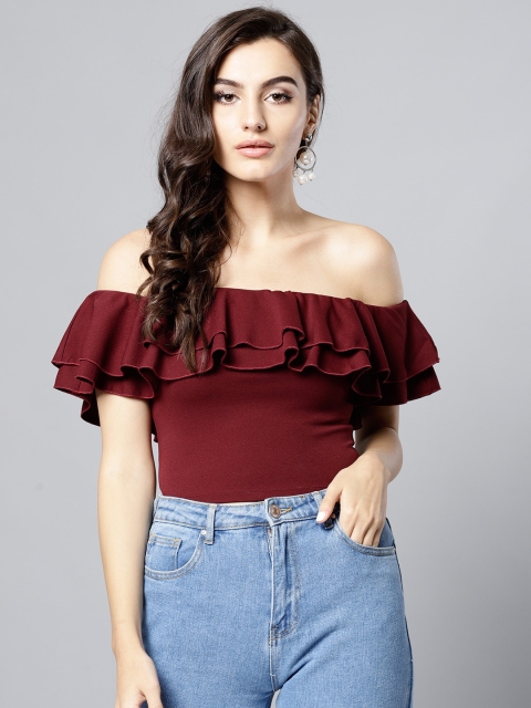 

Veni Vidi Vici Women Burgundy Solid Cropped Bardot Top