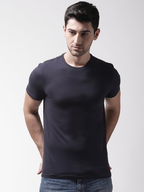 

GAS Men Navy Blue Solid Round Neck T-shirt