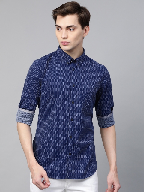

GAS Men Navy Blue & White Pure Cotton Regular Fit Self Design Casual Shirt