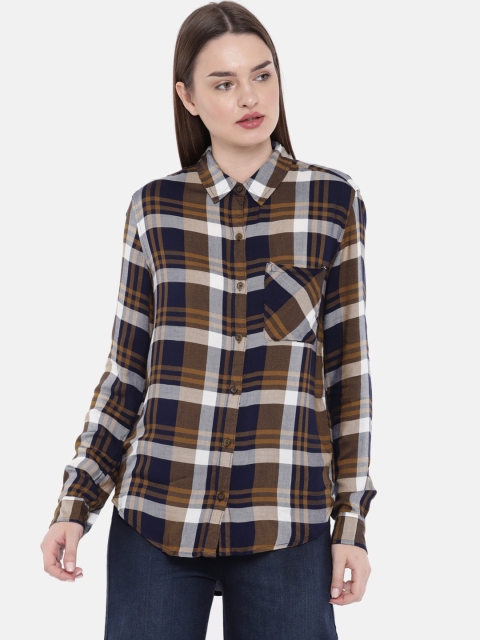 

FOREVER 21 Women Mustard Brown & Navy Blue Regular Fit Checked Casual Shirt