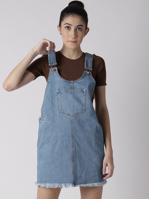 

FOREVER 21 Women Blue Solid Denim Pinafore Dress