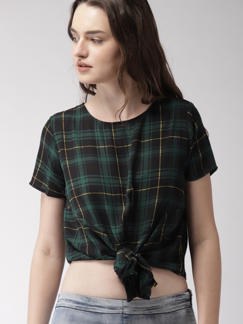

FOREVER 21 Women Green & Black Checked Crop Top
