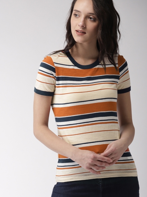 

FOREVER 21 Women Cream-Coloured & Rust Red Striped Pure Cotton Top