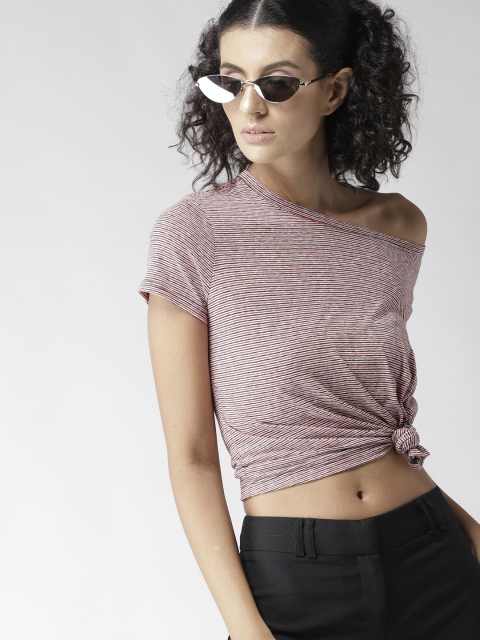 

FOREVER 21 Women Red & White Striped Round Neck T-shirt