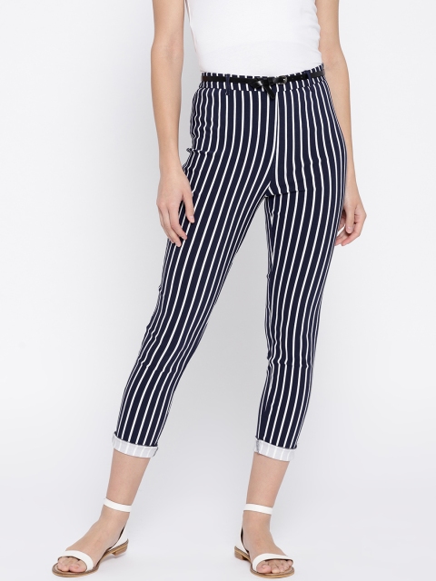 

FOREVER 21 Women Navy Blue & White Regular Fit Striped Cropped Trousers