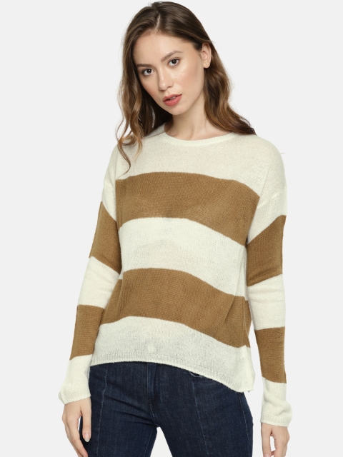 

FOREVER 21 Women Off-White & Brown Striped Pullover