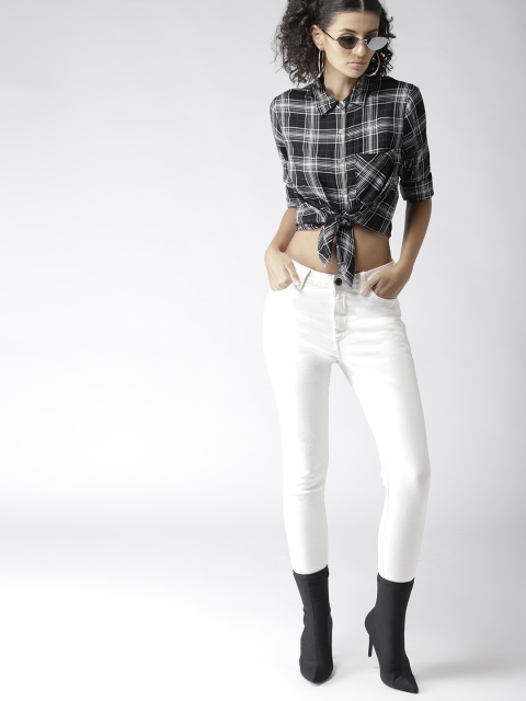 

FOREVER 21 Women Black & Off-White Regular Fit Checked Casual Shirt