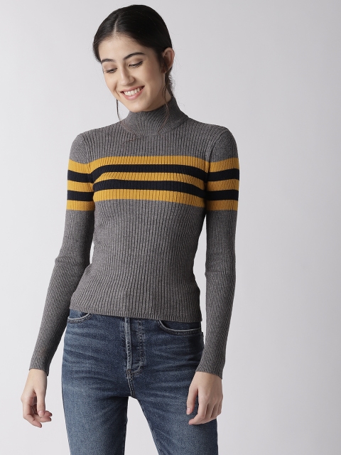 

FOREVER 21 Women Grey & Mustard Yellow Striped Pullover