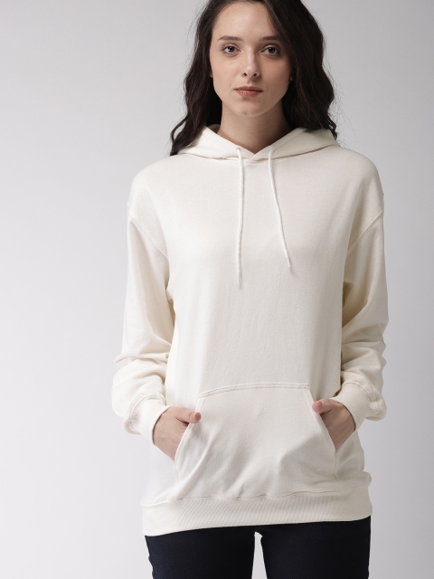 

FOREVER 21 Women Off-White Solid Hooded Sweatshirt