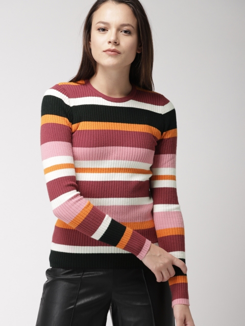 

FOREVER 21 Women Pink & White Striped Pullover