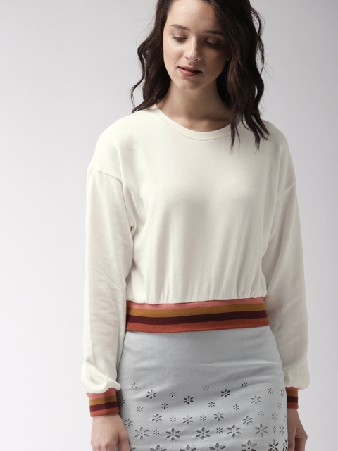 

FOREVER 21 Women Off-White Solid Crop Sweatshirt