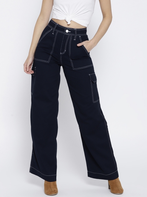 

FOREVER 21 Women Navy Solid Denim Parallel Trousers, Navy blue