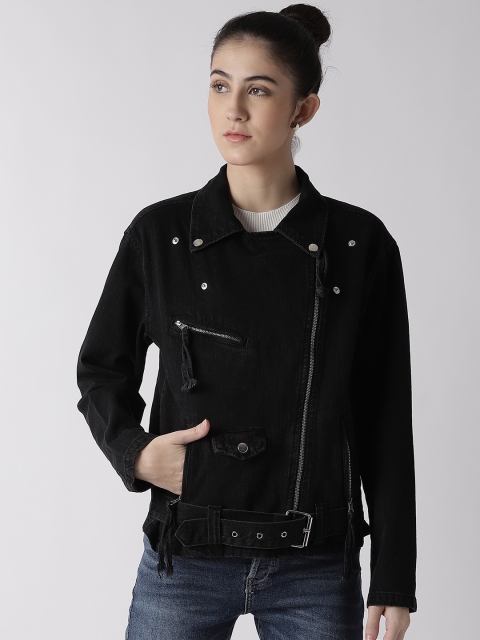 

FOREVER 21 Women Black Solid Asymmetric Closure Denim Jacket