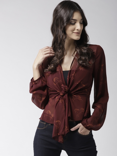 

FOREVER 21 Women Burgundy Printed Sheer Styled Back Top