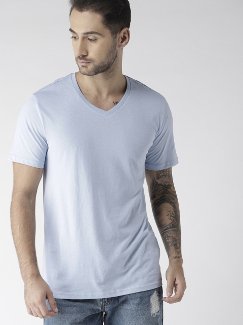 

FOREVER 21 Men Blue Solid V-Neck T-shirt