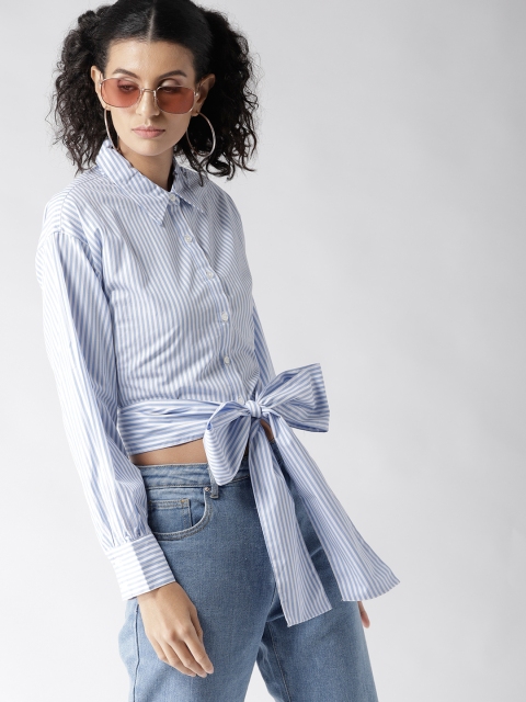 

FOREVER 21 Women Blue & White Regular Fit Striped Crop Casual Shirt