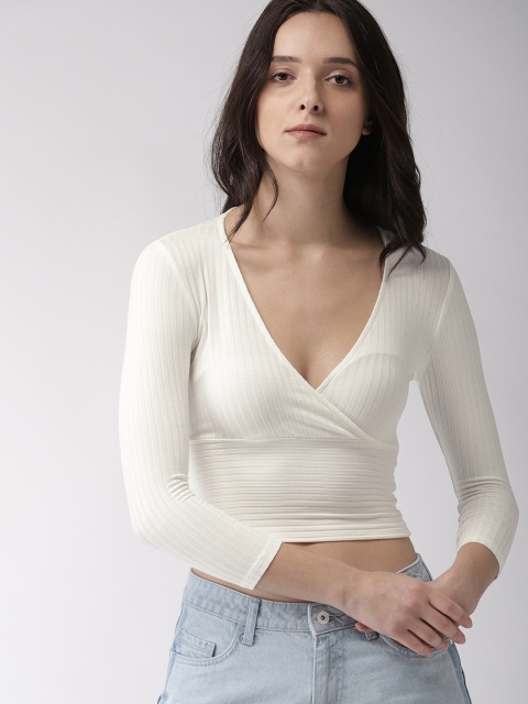 

FOREVER 21 Women White Solid Wrap Crop Top