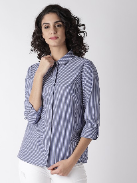 

FOREVER 21 Women Blue & White Regular Fit Striped Casual Shirt
