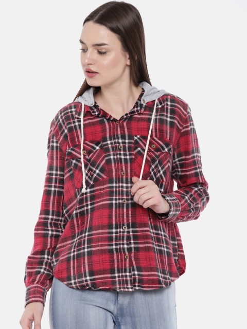 

FOREVER 21 Women Pink & Grey Regular Fit Checked Hooded Casual Shirt