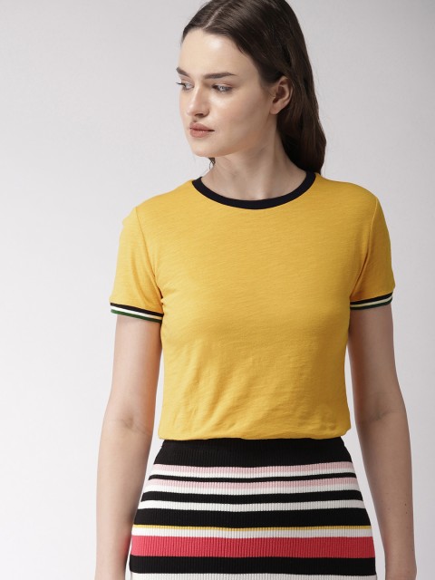 

FOREVER 21 Women Mustard Yellow Solid Round Neck T-shirt
