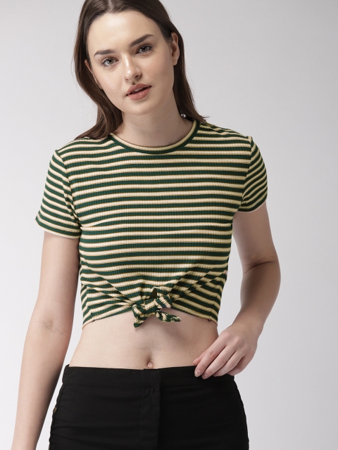 

FOREVER 21 Women Green & Beige Striped Crop Tie-Up Top