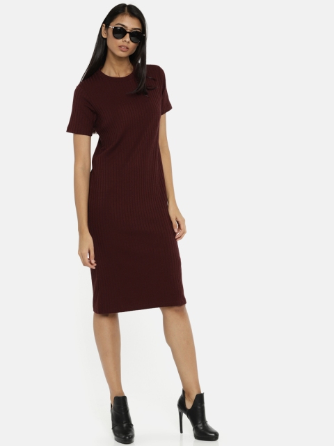 

FOREVER 21 Women Maroon Self-Striped Sheath Dress