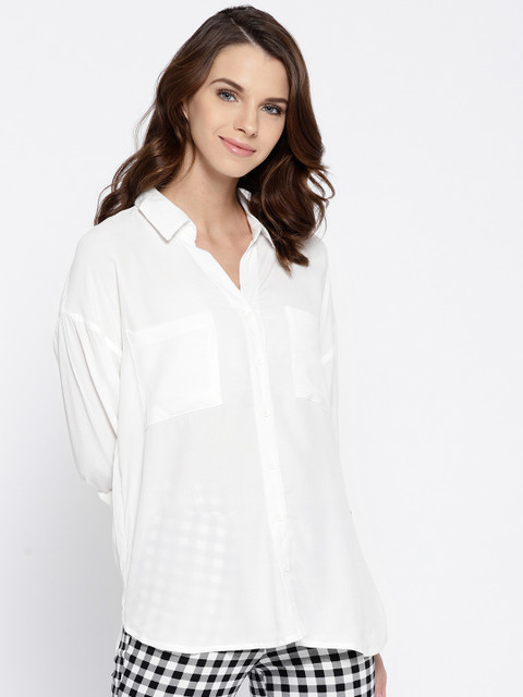 

FOREVER 21 Women White Regular Fit Semi Sheer Solid Casual Shirt