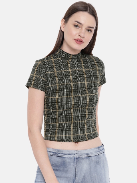 

FOREVER 21 Women Black & Yellow Checked Cropped Top