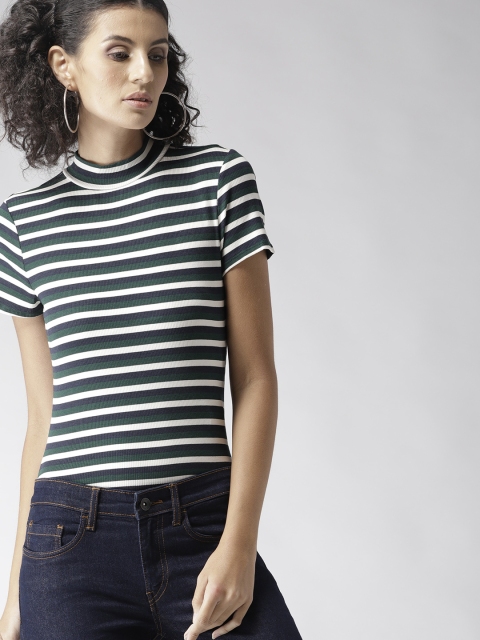 

FOREVER 21 Women Green & Navy Blue Striped Fitted Top