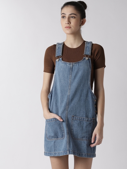 

FOREVER 21 Women Blue Solid Denim Pinafore Dress
