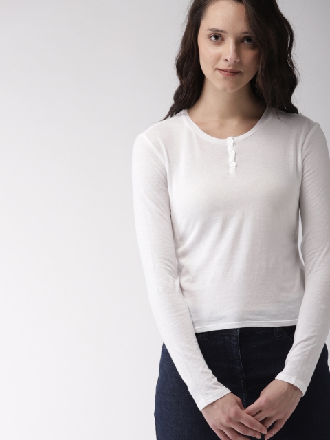 

FOREVER 21 Women White Solid Henley Neck T-shirt