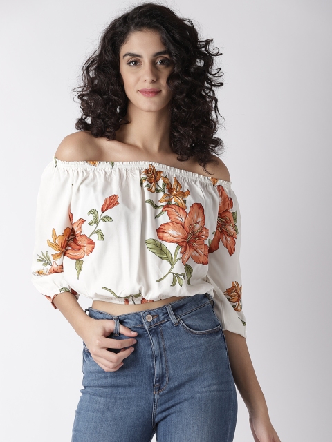

FOREVER 21 Women Off-White & Orange Printed Bardot Top