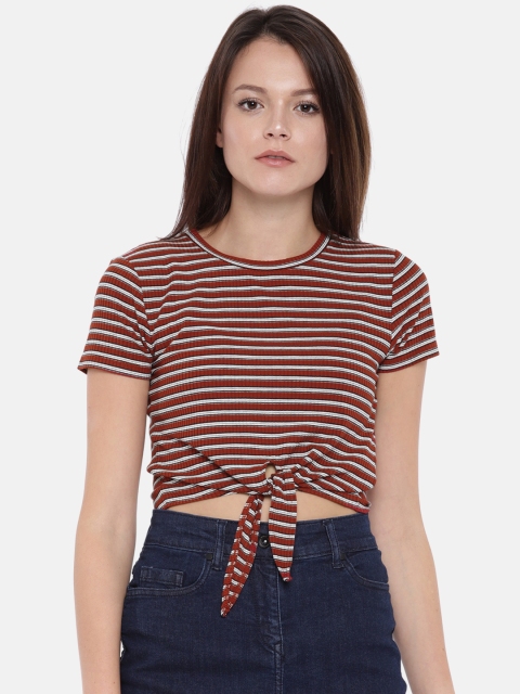 

FOREVER 21 Women Rust Red & White Striped Tie-Up Crop Top