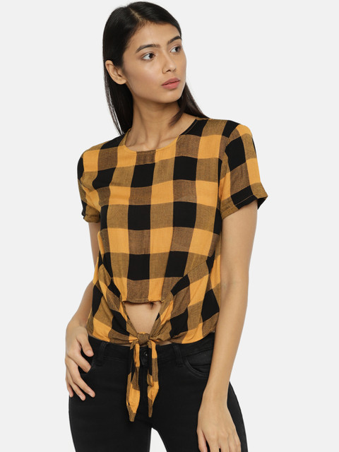 

FOREVER 21 Women Yellow & Black Checked Top