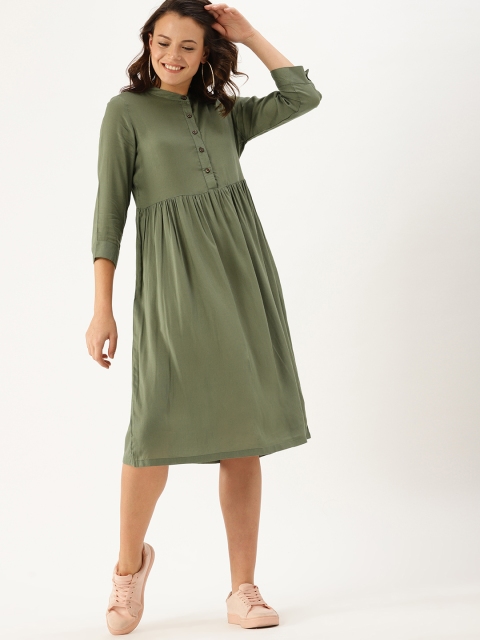 

DressBerry Women Olive Green Solid Fit and Flare Dress