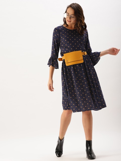 

DressBerry Women Navy Printed A-Line Dress, Navy blue