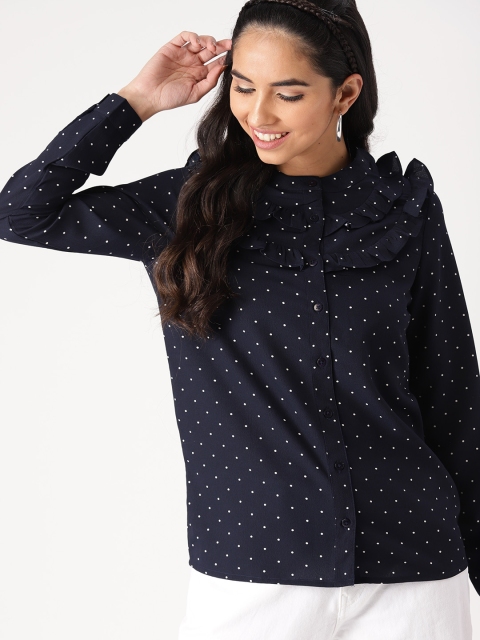 

DressBerry Women Navy & White Printed Ruffled Shirt, Navy blue
