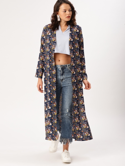 

DressBerry Navy Blue Printed Open Front Longline Shrug