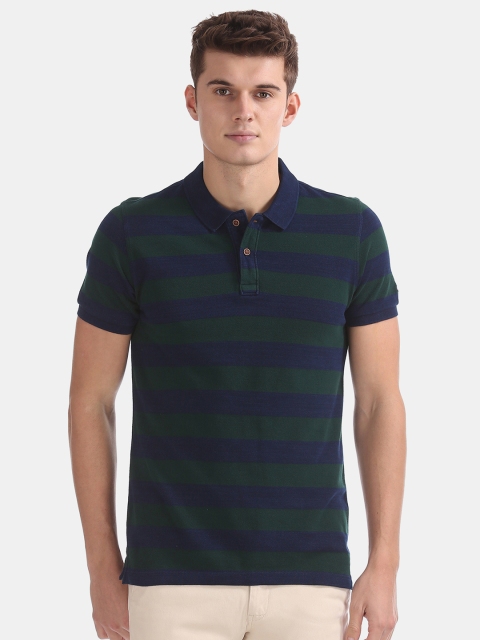 

Arrow Sport Men Olive Green & Navy Blue Striped Polo Collar T-shirt