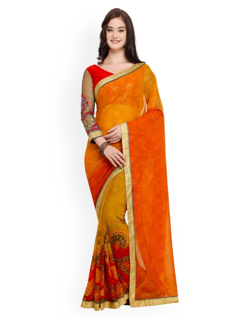 

Shaily Orange Printed Satin Saree