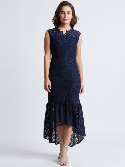 

MAGRE Women Navy Blue Self Design Maxi Dress