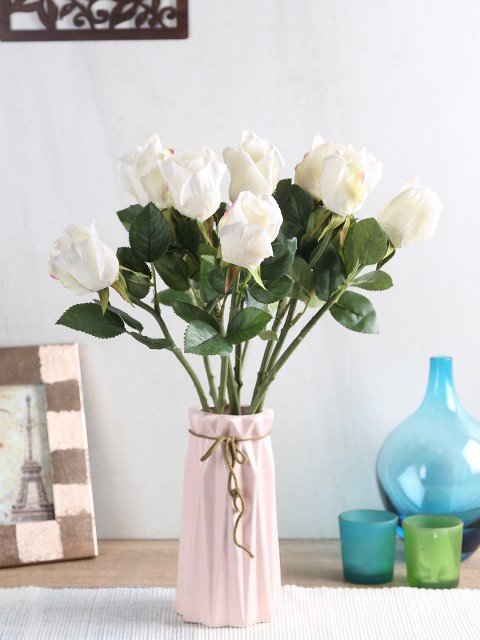 

Fourwalls Set Of 10 White Artificial Queen Rose Flower Stems