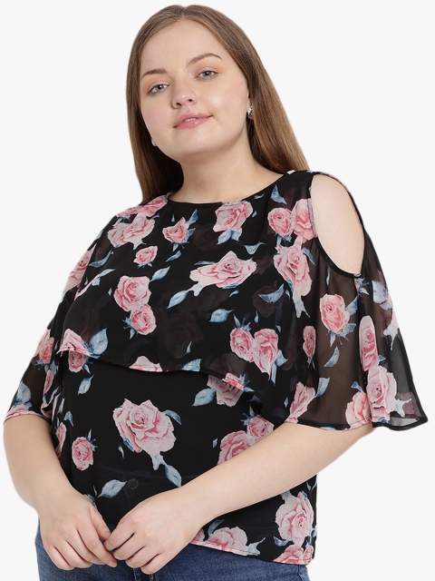 

The Pink Moon Plus Size Women Black Floral Print Layered Top