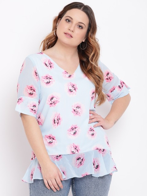 

The Pink Moon Plus Size Women Blue Floral Print A-Line Top